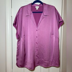 Ava & Viv Plus Size 1X Satin Button‎ Front Blouse Purple Short Sleeve